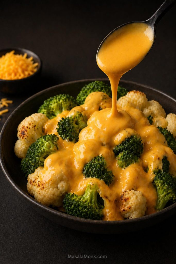Broccoli and cauliflower served with smooth cheddar cheese sauce spooned over the vegetables.