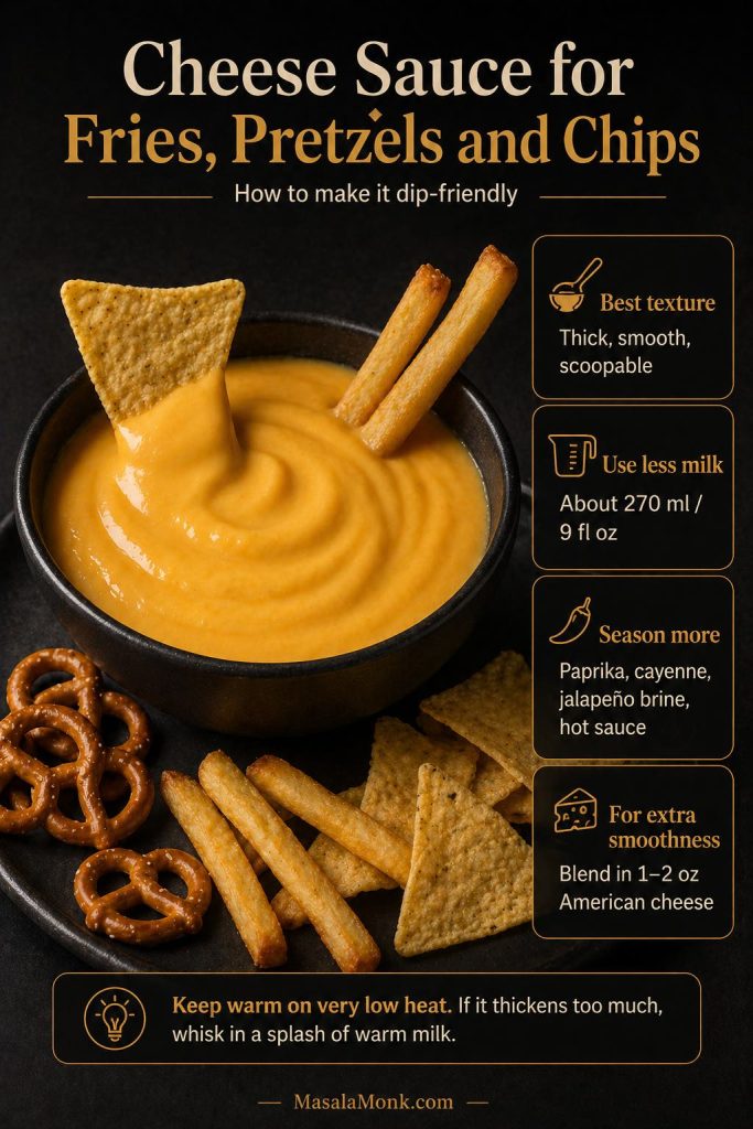 Thick cheddar cheese sauce served as a dip with fries, pretzels and tortilla chips.