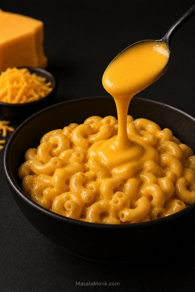 Creamy macaroni and cheese coated with smooth cheddar cheese sauce in a dark bowl.