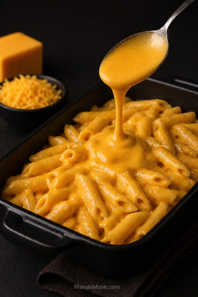 Pasta in a dark baking dish coated with looser glossy cheddar cheese sauce for casseroles and pasta bakes.