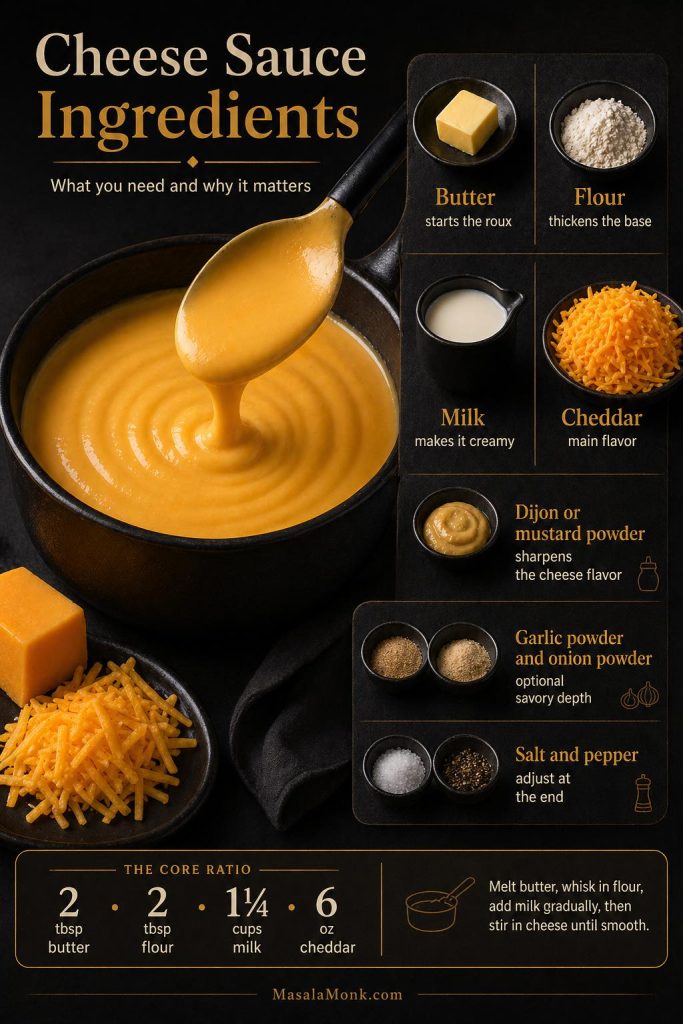 Cheese sauce ingredients guide showing butter, flour, milk, cheddar, mustard, garlic powder, onion powder, salt and pepper with the core ratio.