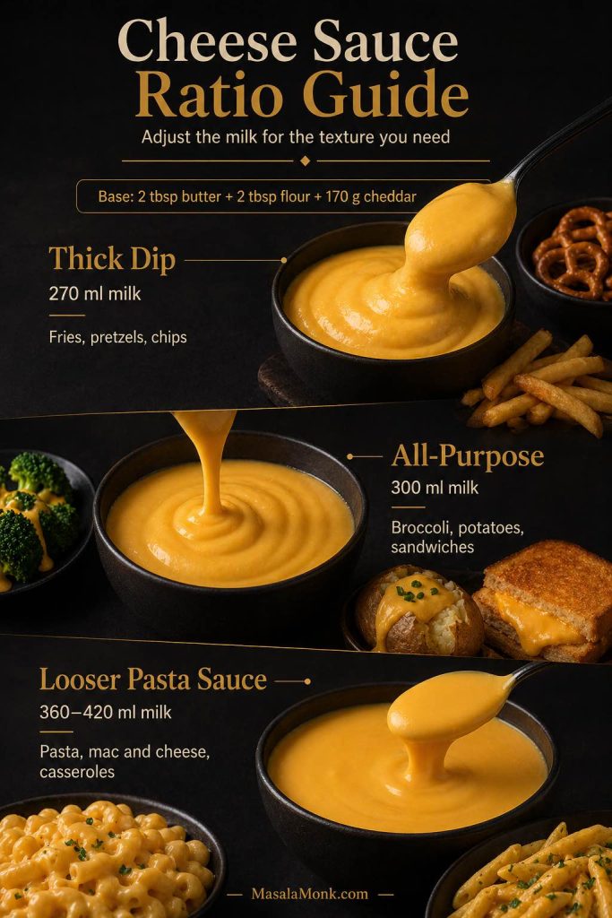 Cheese sauce ratio guide showing thick dip, all-purpose cheese sauce and looser pasta sauce with different milk amounts.