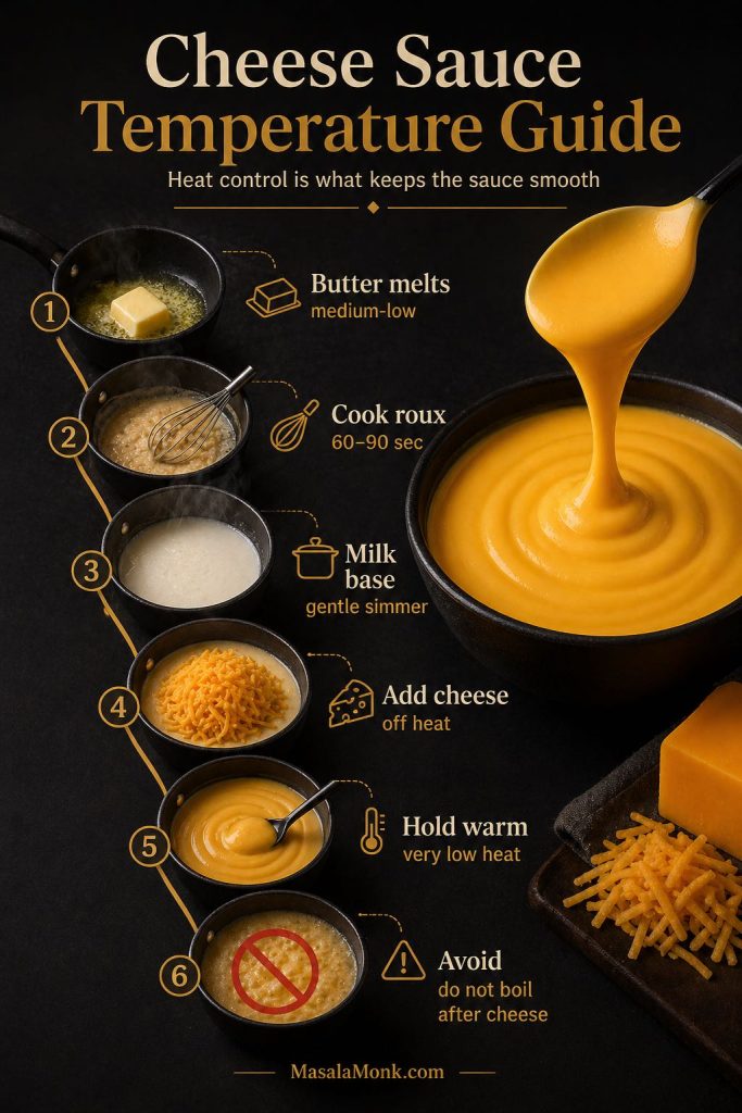 Cheese sauce temperature guide showing butter melting, roux cooking, milk simmering, cheese added off heat and sauce held warm.
