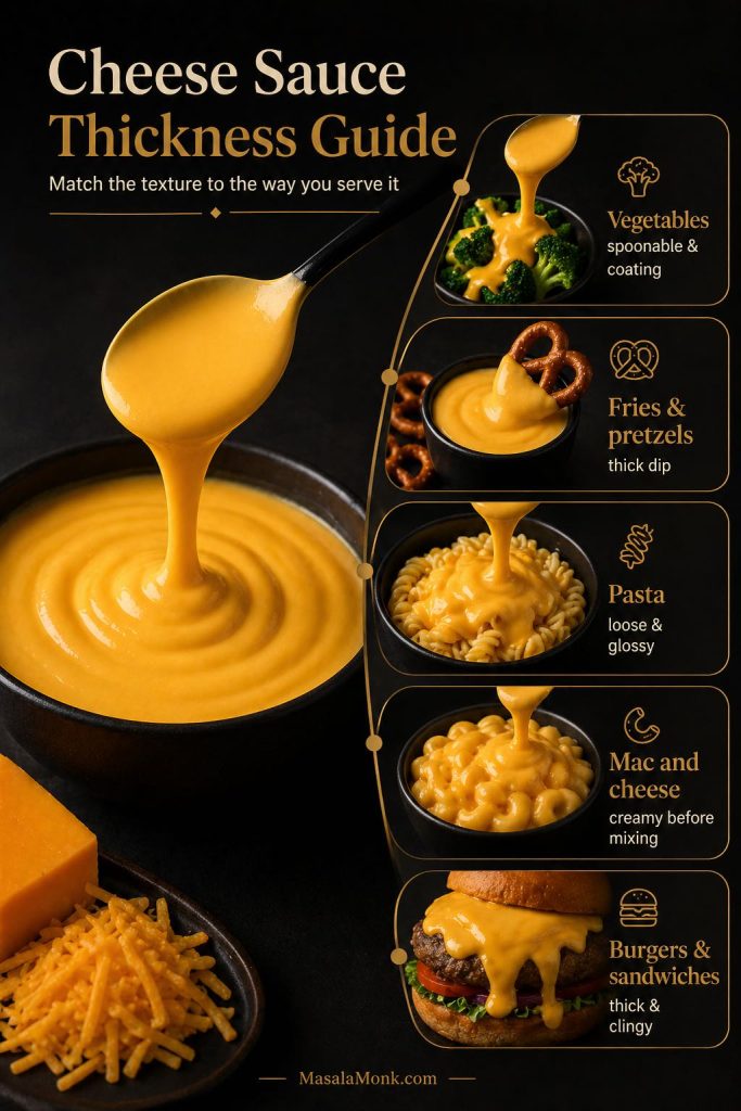 Cheese sauce thickness guide showing different textures for vegetables, fries, pasta, mac and cheese, burgers and sandwiches.