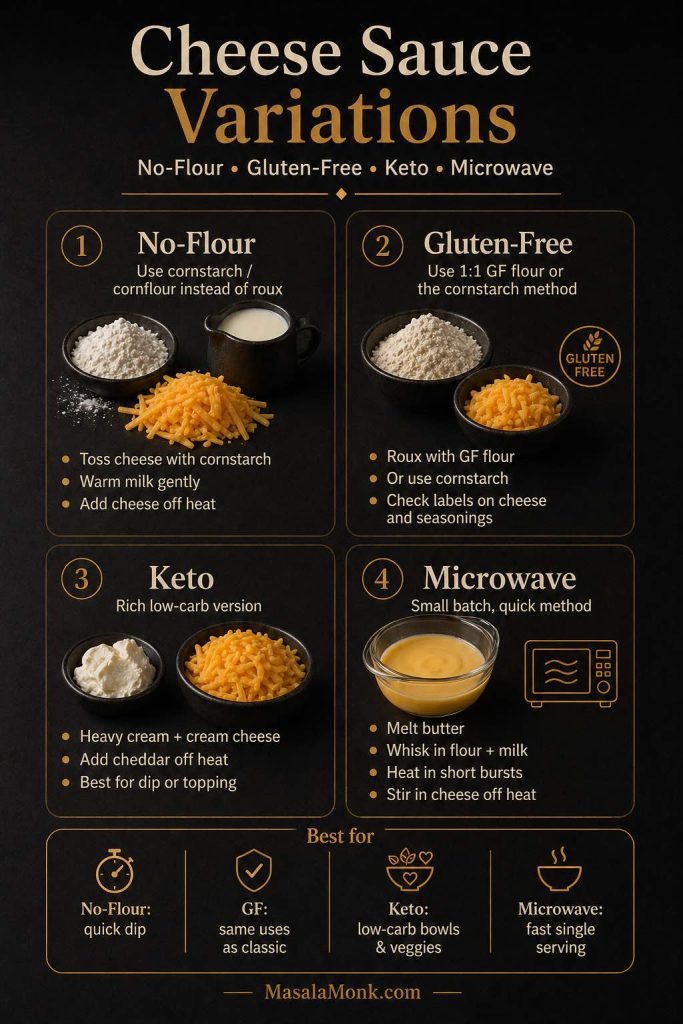 Cheese sauce variations guide showing no-flour, gluten-free, keto and microwave cheese sauce methods.