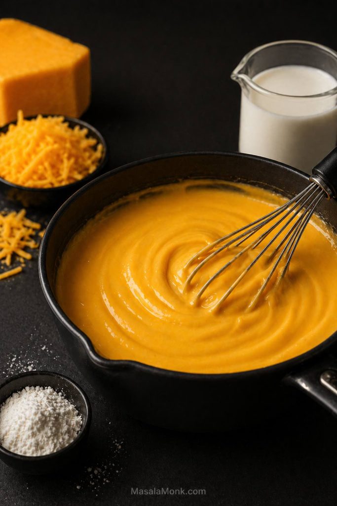 No-flour cheese sauce made with cornstarch, milk and cheddar stirred into a smooth sauce.