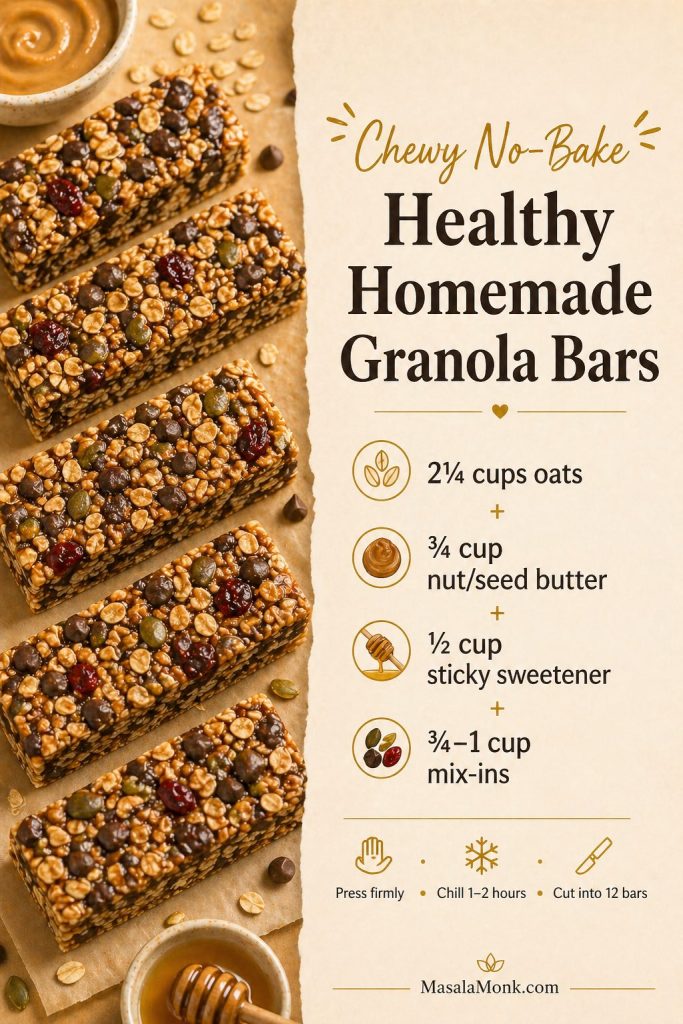 Saveable recipe card for chewy no-bake homemade granola bars with oats, nut or seed butter, sticky sweetener, mix-ins, pressing, chilling, and slicing notes.