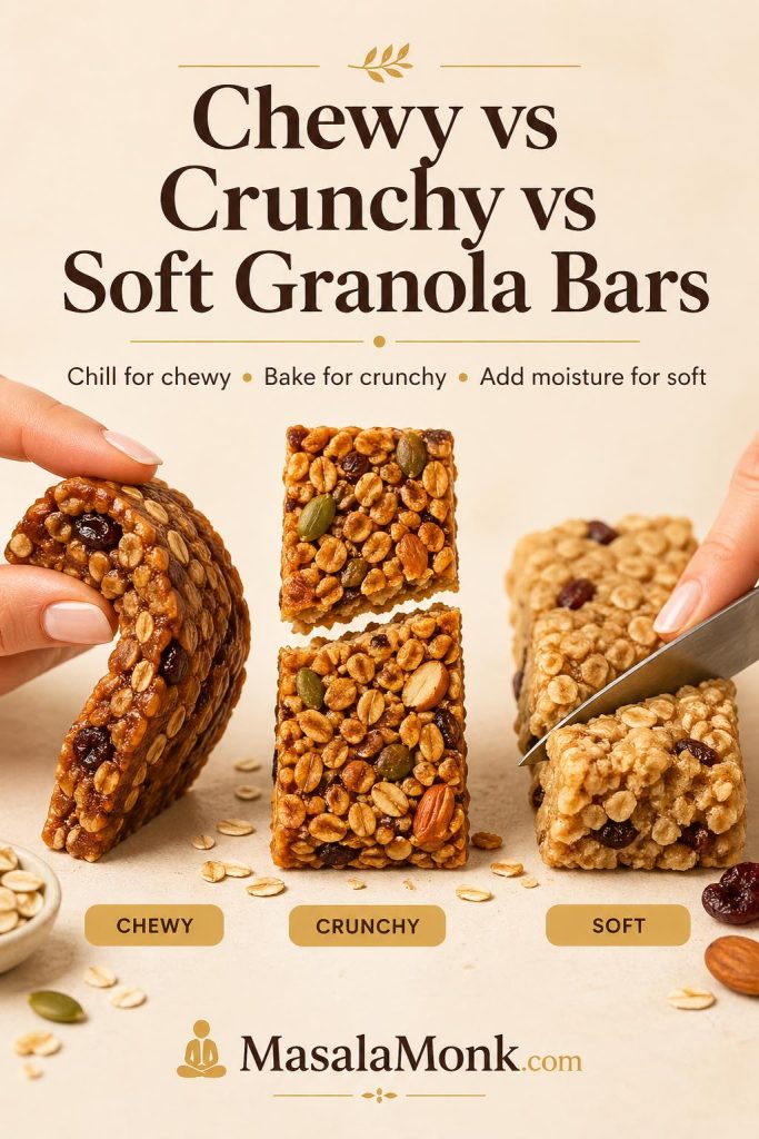 Comparison image showing chewy, crunchy, and soft granola bars, with notes that chilling makes chewy bars, baking makes crunchy bars, and added moisture makes soft bars.