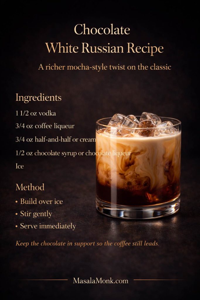 Chocolate White Russian recipe card showing a mocha-toned White Russian cocktail in a rocks glass over ice with text overlay for ingredients, method, and a tip to keep the chocolate in support so the coffee still leads.