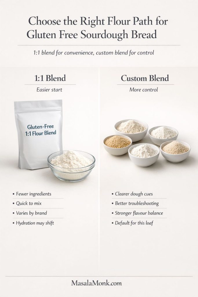 Comparison guide for gluten free sourdough bread showing 1:1 flour blend versus custom blend, with the 1:1 route framed as easier to start and the custom blend framed as offering more control.