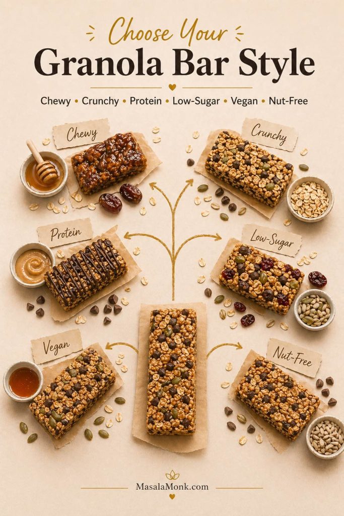 Granola bar style guide showing chewy, crunchy, protein, low-sugar, vegan, and nut-free homemade granola bar options.