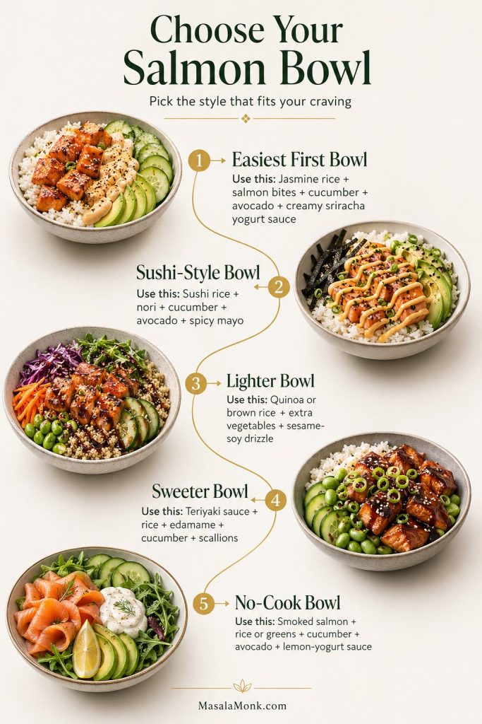 Choose your salmon bowl guide with easy, sushi-style, lighter, sweeter, and no-cook salmon bowl ideas using rice, sauce, toppings, and vegetables.