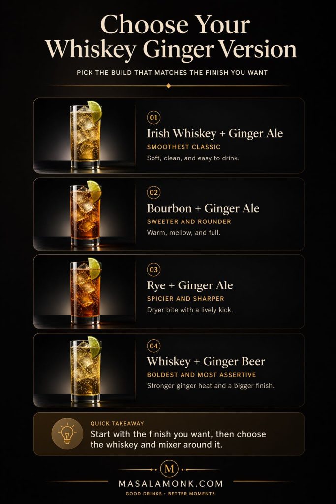 Choose your whiskey ginger version guide comparing Irish whiskey and ginger ale, bourbon and ginger ale, rye and ginger ale, and whiskey with ginger beer by flavor, finish, and drinking style.