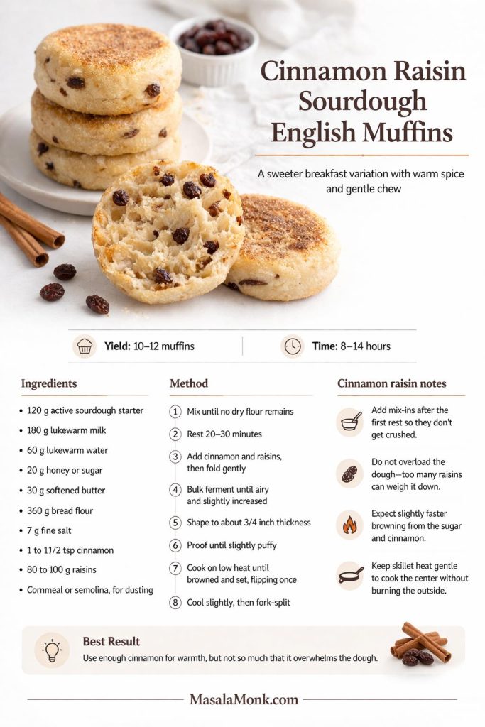 Standalone recipe card for cinnamon raisin sourdough English muffins showing skillet-cooked muffins with visible raisins in the crumb, plus ingredient list, method, timing, yield, and notes about adding raisins after the first rest and keeping the skillet heat gentle.