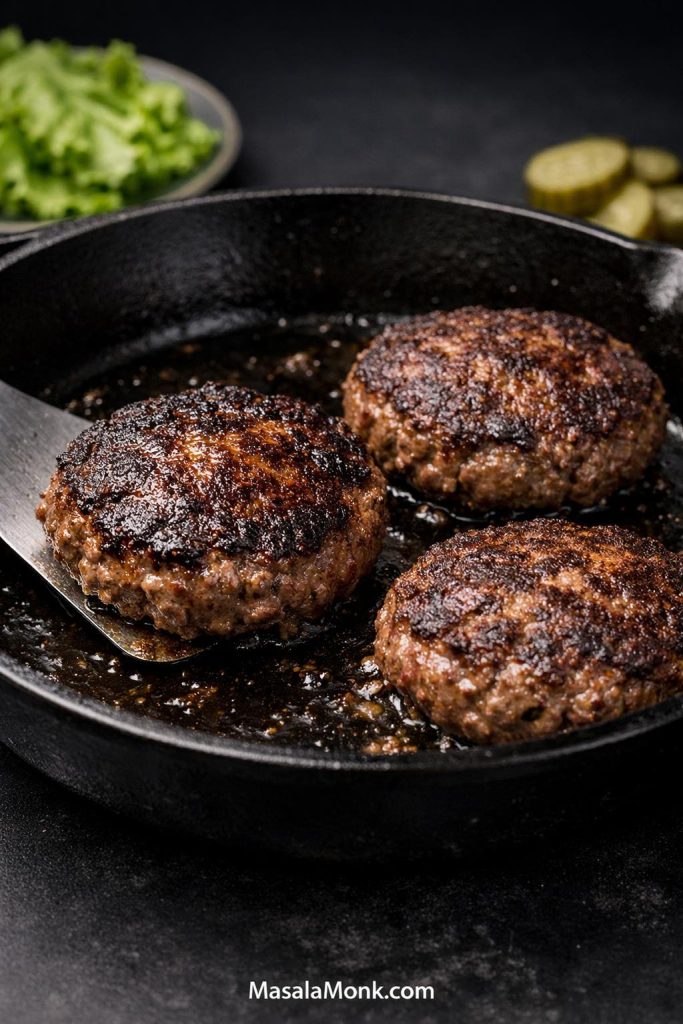 Burger patties searing in a cast-iron skillet for classic bunless keto cheeseburgers, with one patty lifted to show a deep browned crust.