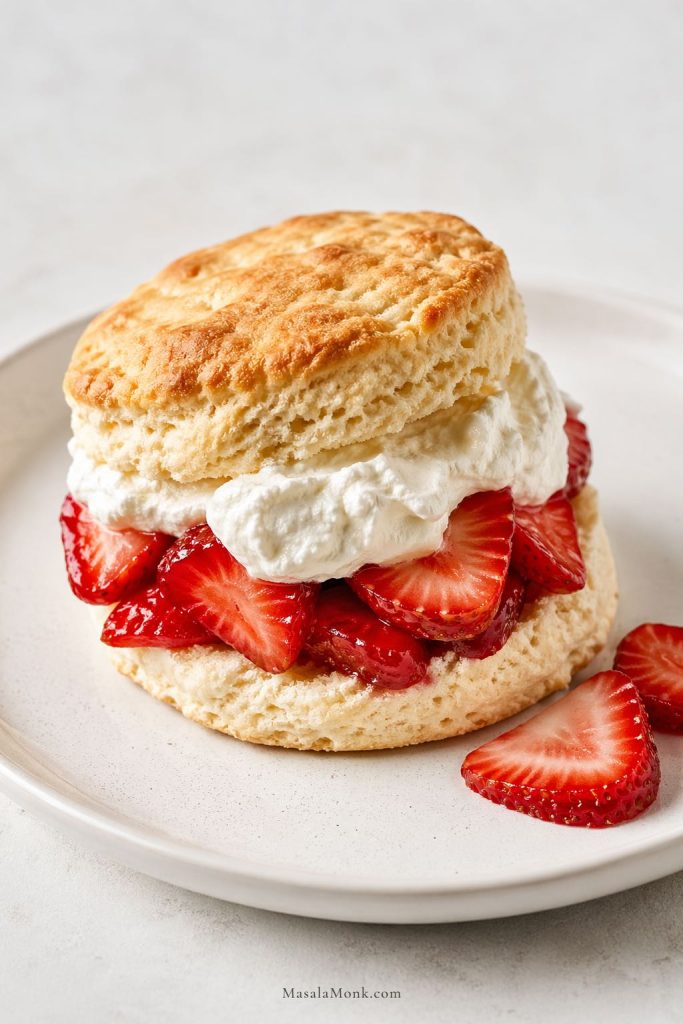 Classic strawberry shortcake made with a split biscuit-style shortcake, fresh strawberries, and soft whipped cream on a plate.