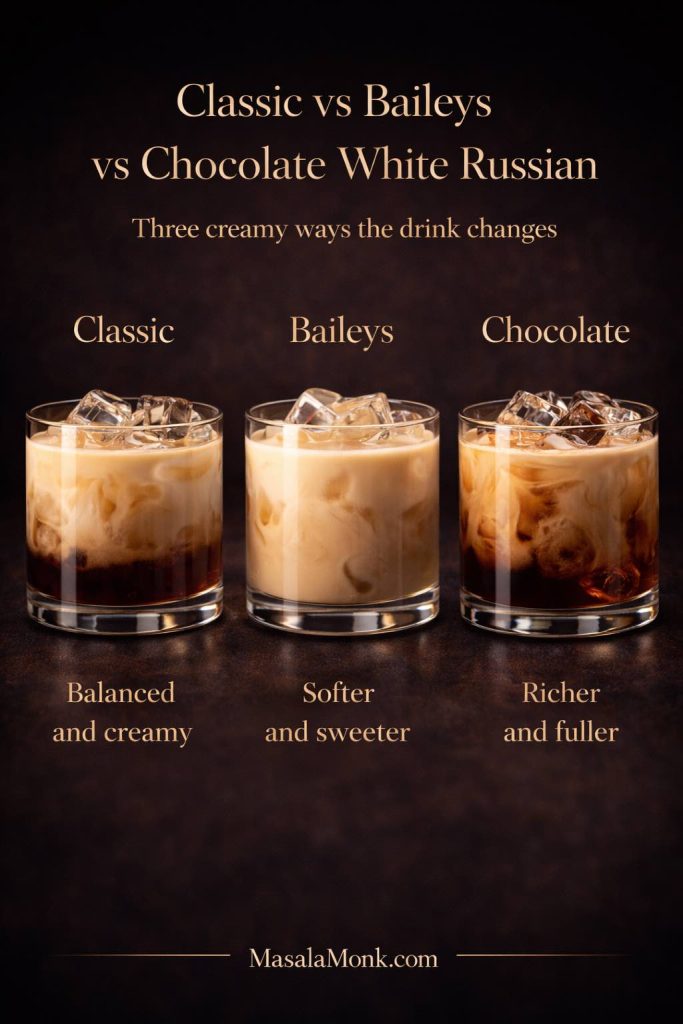 Comparison graphic showing three creamy White Russian styles side by side: Classic White Russian, Baileys White Russian, and Chocolate White Russian, with text describing them as balanced and creamy, softer and sweeter, and richer and fuller.