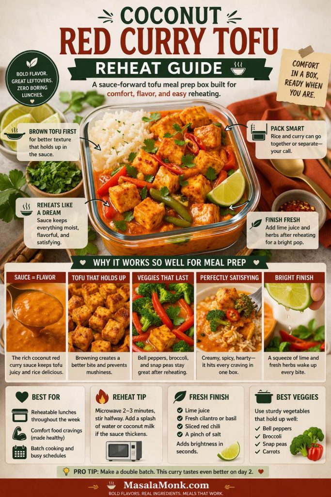 Premium editorial infographic showing a coconut red curry tofu meal prep box with reheating tips, including browning tofu before simmering, packing curry with rice, finishing with lime and herbs after reheating, and using sturdy vegetables for a sauce-forward tofu lunch that stays satisfying through the week.