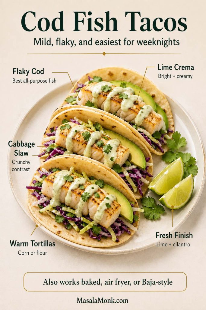 A cod fish tacos guide showing flaky cod in warm tortillas with cabbage slaw, lime crema, avocado, cilantro, and lime, with notes that cod is mild, all-purpose, and works baked, air fryer, or Baja-style.