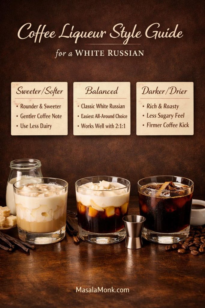 Coffee liqueur style guide for a White Russian showing sweeter and softer, balanced, and darker drier coffee-led styles, with visual examples of how each type changes the flavor, sweetness, roast character, and structure of a White Russian cocktail.