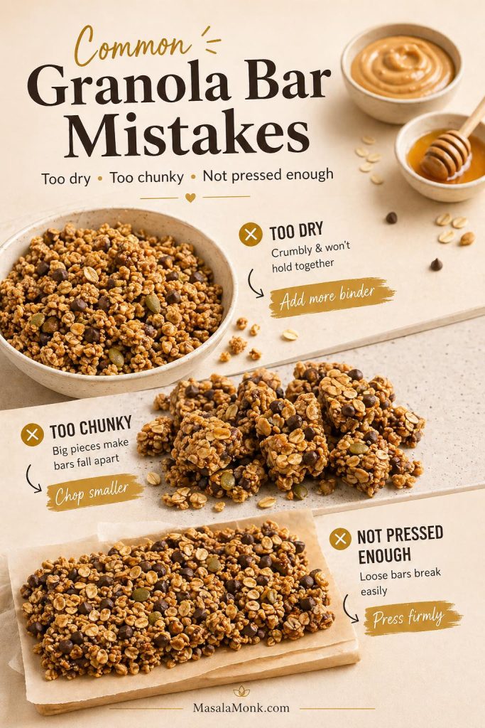 Common granola bar mistakes guide showing a dry mixture, chunky pieces, and a loose slab with fixes for each problem.