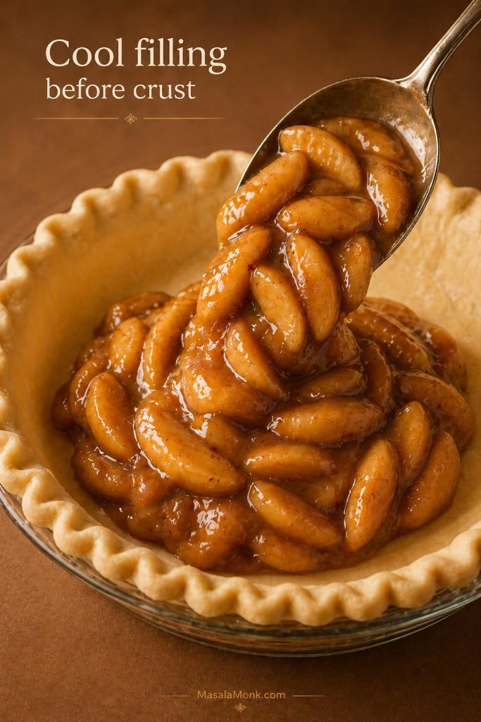 Cooled apple pie filling being spooned into an unbaked pie crust before baking.
