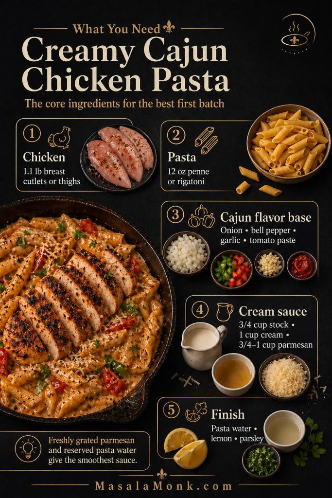 Ingredients for creamy Cajun chicken pasta, including chicken, penne, onion, bell pepper, garlic, tomato paste, stock, cream, parmesan, pasta water, lemon, and parsley.