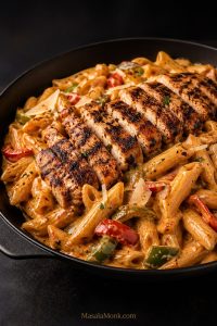 Creamy Cajun chicken pasta with sliced seared chicken, penne, bell peppers, parmesan, and a smoky orange cream sauce in a dark skillet.