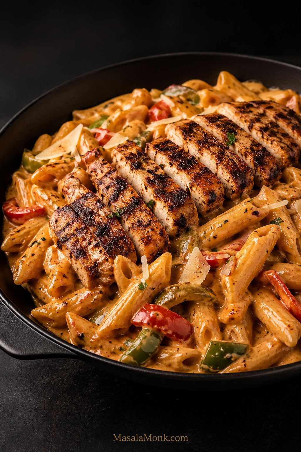 Creamy Cajun chicken pasta with sliced seared chicken, penne, bell peppers, parmesan, and a smoky orange cream sauce in a dark skillet.