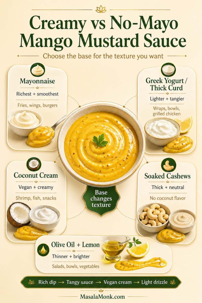 Creamy vs no-mayo mango mustard sauce guide showing mayonnaise, Greek yogurt, coconut cream, soaked cashews, and olive oil with lemon as base options.