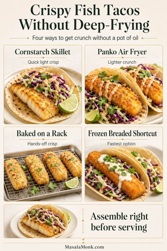 A crispy fish tacos guide comparing four ways to get crunch without deep-frying: cornstarch skillet fish, panko air fryer fish, baked fish on a rack, and a frozen breaded fish shortcut, with a reminder to assemble right before serving.
