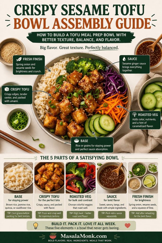Premium editorial guide showing how to build a crispy sesame tofu meal prep bowl with a grain base, crispy tofu, roasted vegetables, sesame ginger sauce, and a fresh finish like spring onion and sesame seeds for better texture, balance, and flavor all week.