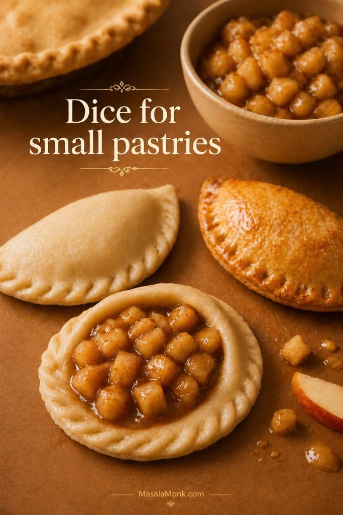 Diced apple pie filling used in small pastries, with open, sealed, and baked hand pie or turnover stages.