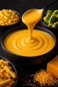 Smooth cheddar cheese sauce lifted with a spoon, served with mac and cheese, broccoli, fries and grated cheddar.