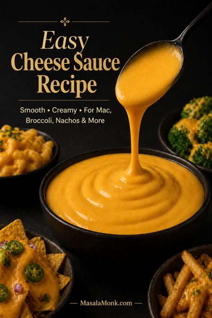 Easy cheese sauce recipe graphic with smooth cheddar sauce for mac and cheese, broccoli, nachos, fries and dips.