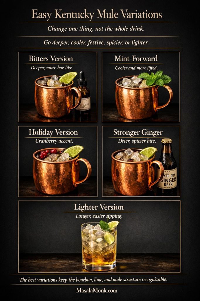 Easy Kentucky mule variations guide showing five ways to change the drink: bitters version, mint-forward, holiday cranberry version, stronger ginger version, and a lighter longer version, all styled as premium editorial bourbon mule variations on a dark background.