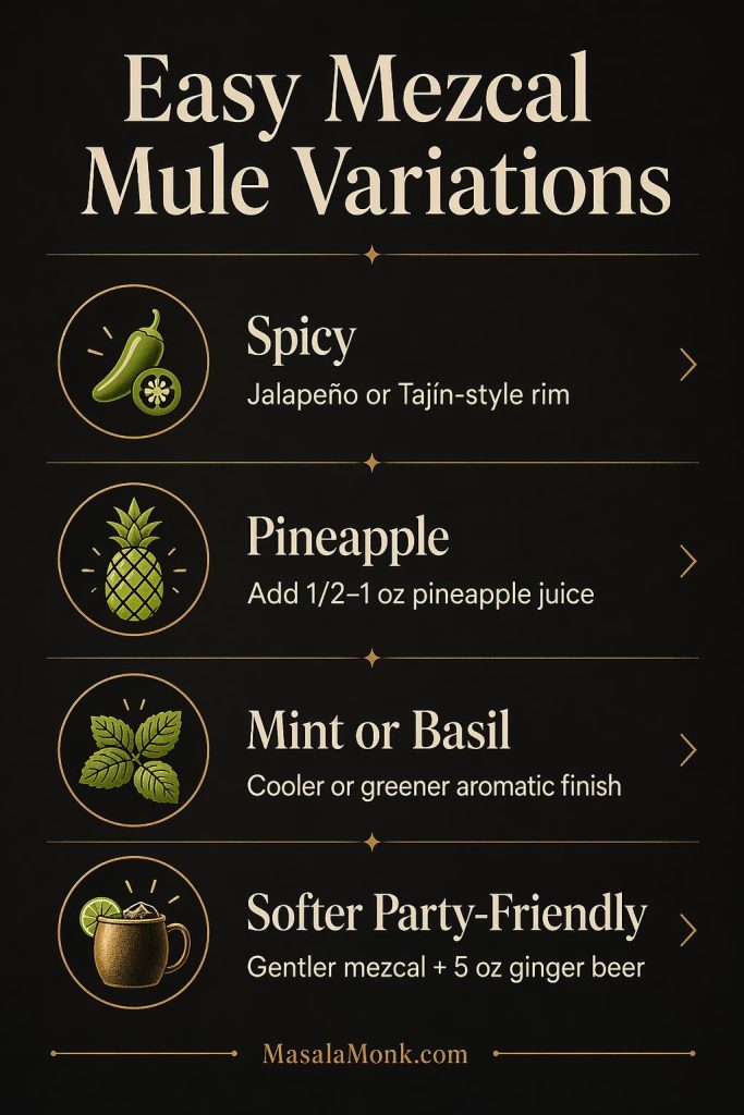 Easy mezcal mule variations guide showing spicy, pineapple, mint or basil, and softer party-friendly versions with simple flavor adjustments.