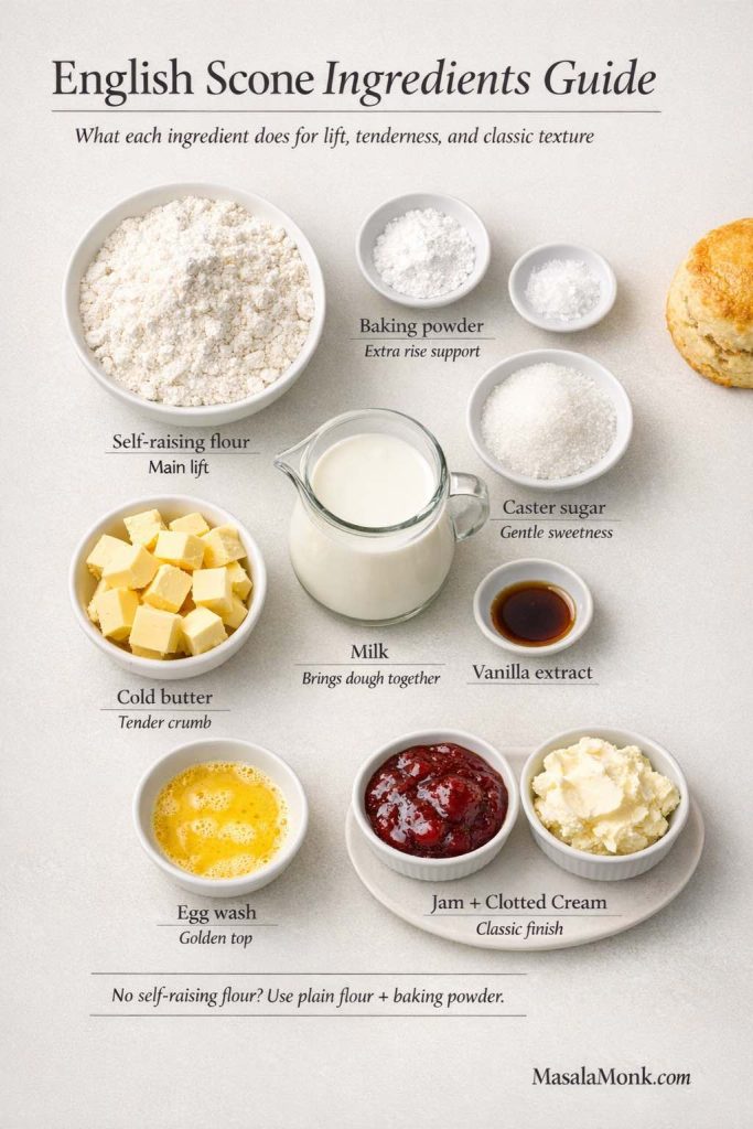 English scone ingredients guide showing self-raising flour baking powder sugar butter milk egg wash jam and clotted cream with ingredient role notes.