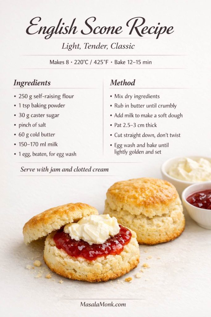 English scone recipe card showing ingredients, quick method, and classic scones served with jam and clotted cream.