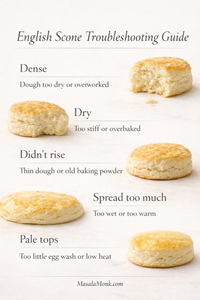 English scone troubleshooting guide showing common problems like dense dry flat and pale scones with quick causes and fixes.