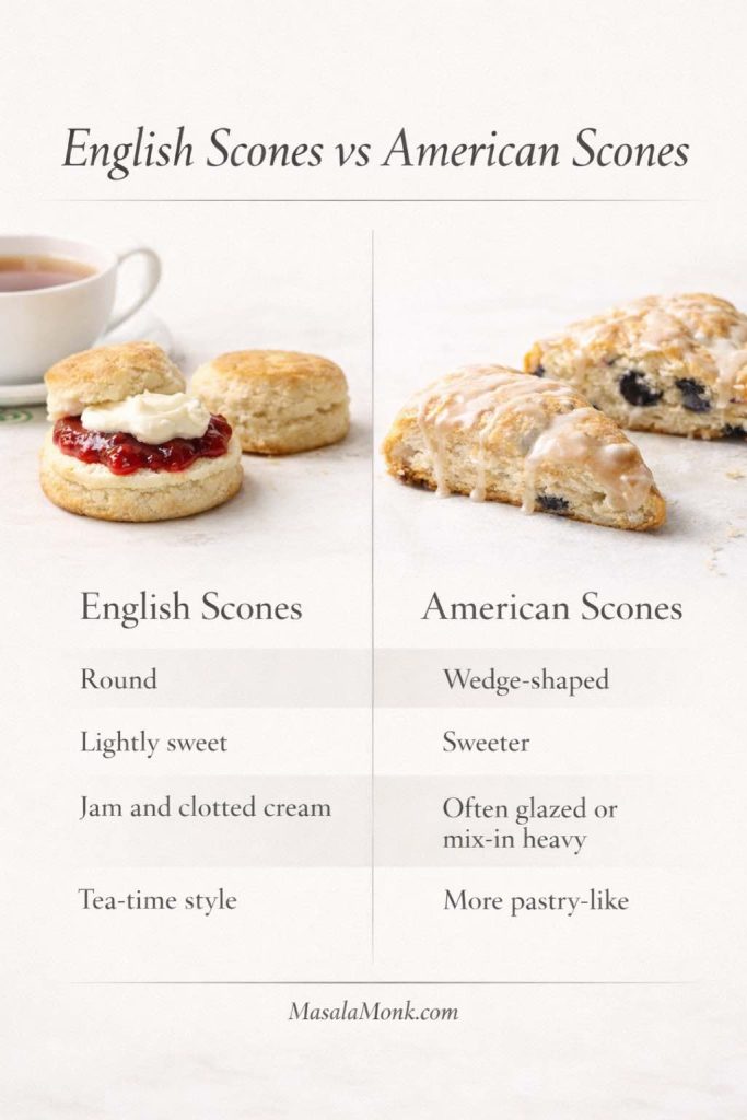 Comparison graphic showing English scones with jam and clotted cream beside sweeter glazed American scones with key differences in shape texture and serving style.