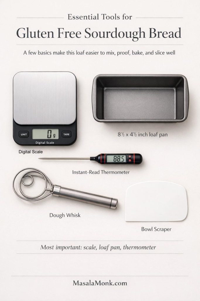 Essential tools guide for gluten free sourdough bread showing a digital scale, 8½ x 4½-inch loaf pan, instant-read thermometer, dough whisk, and bowl scraper.