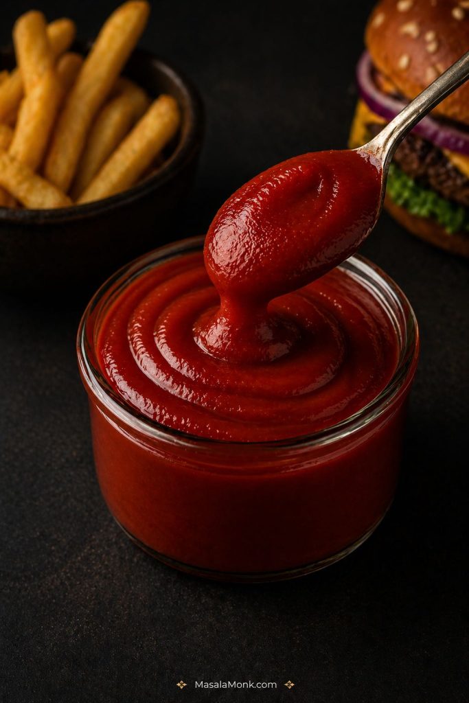 Close-up of thick glossy homemade ketchup in a bowl with a spoon, with fries in the background.