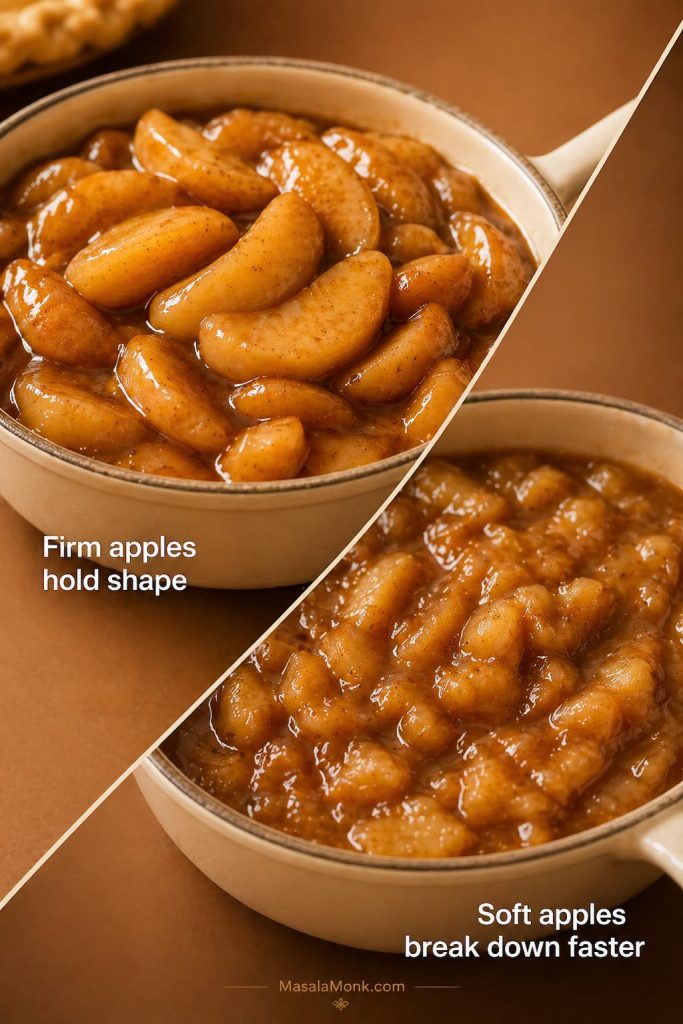 Comparison of firm apples holding their shape in apple pie filling and soft apples breaking down into a looser texture.