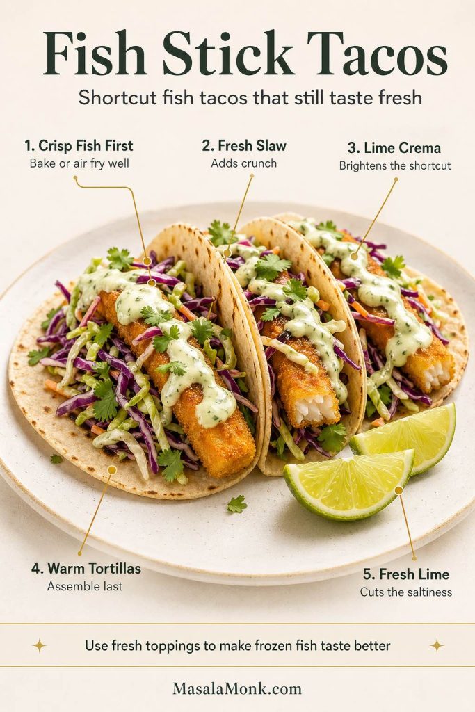 A fish stick tacos guide showing crispy frozen breaded fish in warm tortillas with fresh slaw, lime crema, cilantro, and lime, with tips to bake or air fry the fish until crisp and assemble the tacos last.