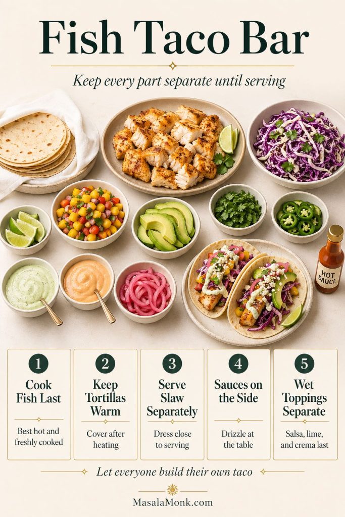 A fish taco bar guide showing cooked fish, warm tortillas, cabbage slaw, lime crema, chipotle crema, mango salsa, avocado, cilantro, jalapeño, pickled onions, lime wedges, hot sauce, and assembled fish tacos.
