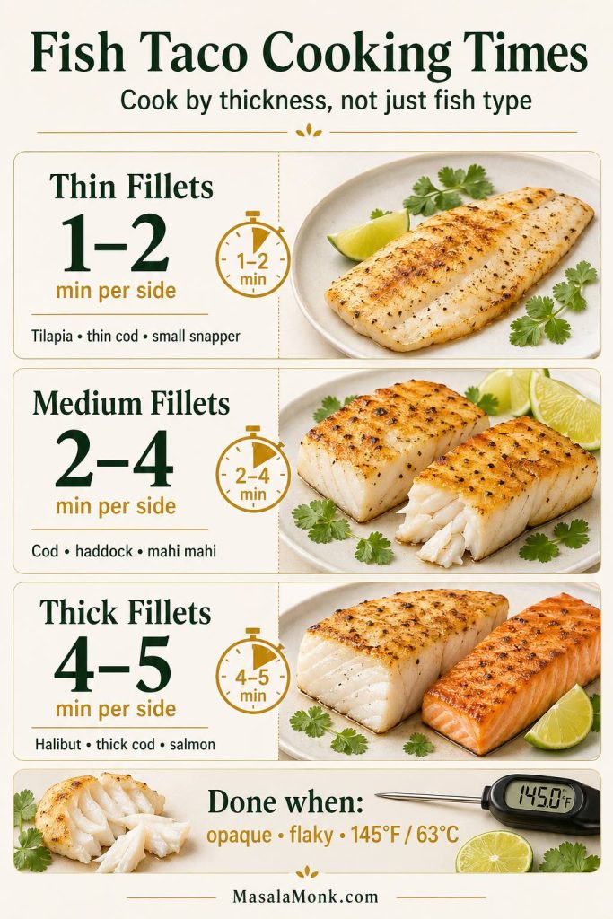 A fish taco cooking times guide showing thin fillets cooked 1 to 2 minutes per side, medium fillets cooked 2 to 4 minutes per side, thick fillets cooked 4 to 5 minutes per side, and doneness cues of opaque, flaky fish at 145°F or 63°C.