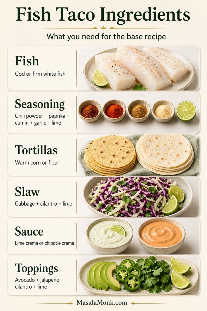 A vertical fish taco ingredients guide showing cod or firm white fish, chili powder, paprika, cumin, garlic, lime, corn and flour tortillas, cabbage slaw, lime crema, chipotle crema, avocado, jalapeño, cilantro, and lime.
