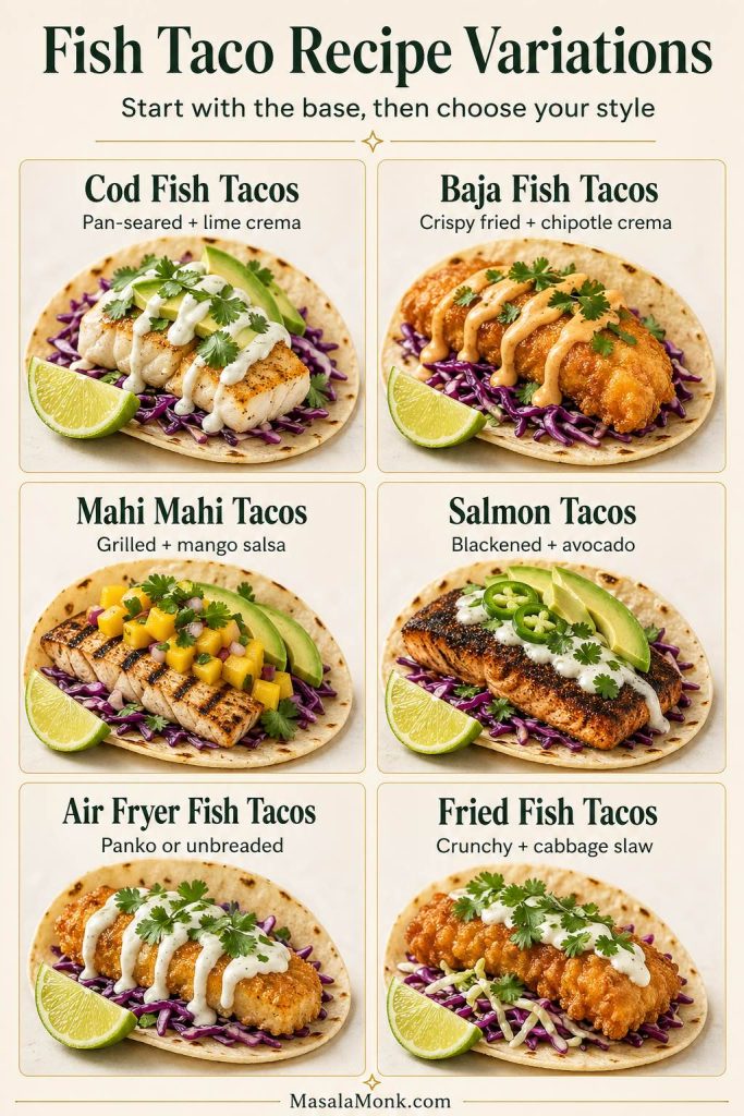 A fish taco recipe variations guide showing six options: cod fish tacos with lime crema, Baja fish tacos with chipotle crema, mahi mahi tacos with mango salsa, salmon tacos with avocado, air fryer fish tacos, and fried fish tacos with cabbage slaw.