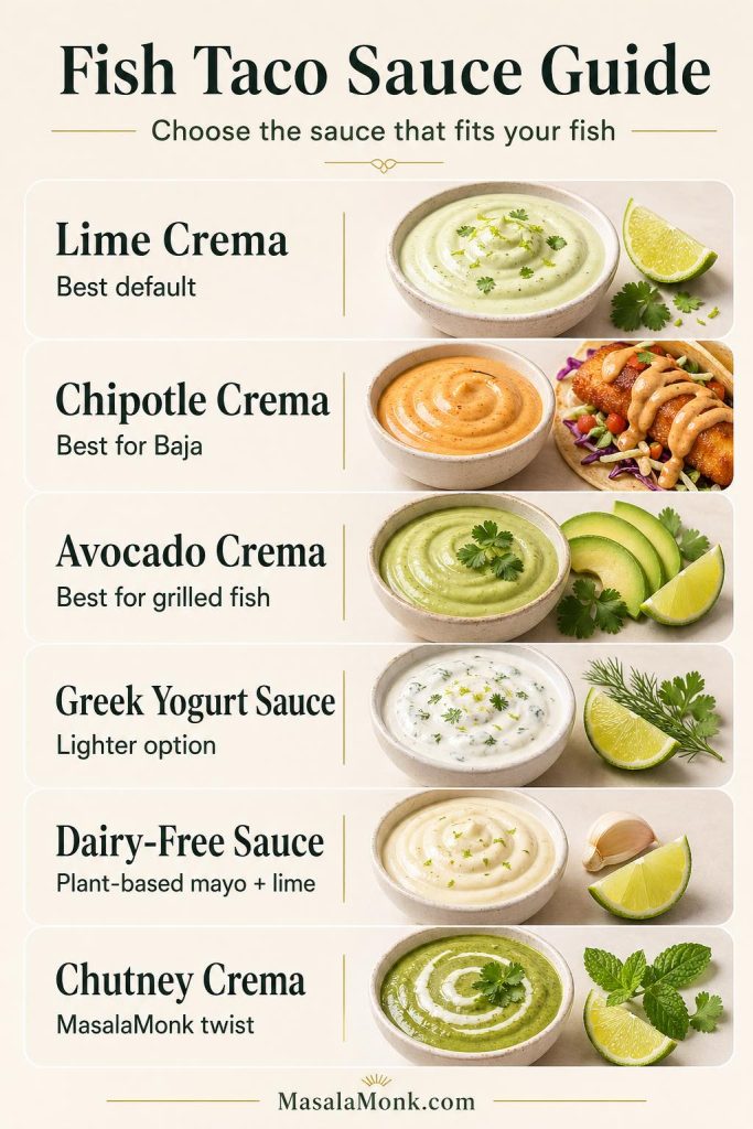 A vertical fish taco sauce guide comparing lime crema, chipotle crema, avocado crema, Greek yogurt sauce, dairy-free sauce, and chutney crema, with notes on which sauces work best for default, Baja, grilled, lighter, plant-based, and MasalaMonk-style fish tacos.